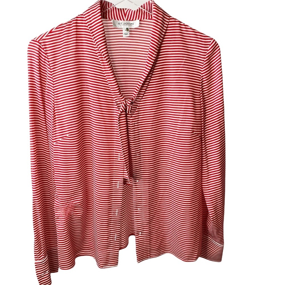 St. John Collection Red White Striped Parisian French Button Down Silk Blouse 4